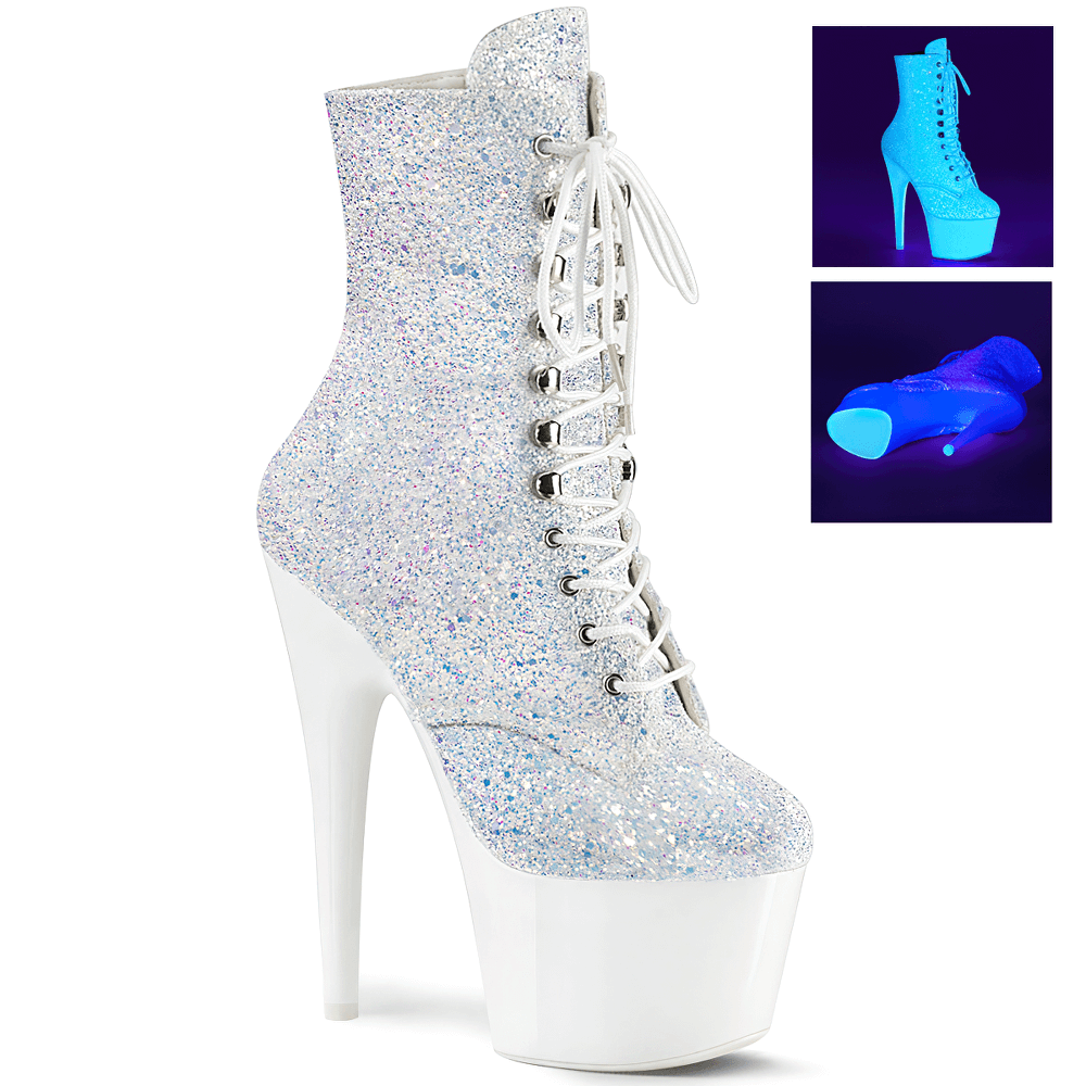 Sparkling PLEASER reflective glitter lace-up ankle boot with white platform and dazzling holographic finish.