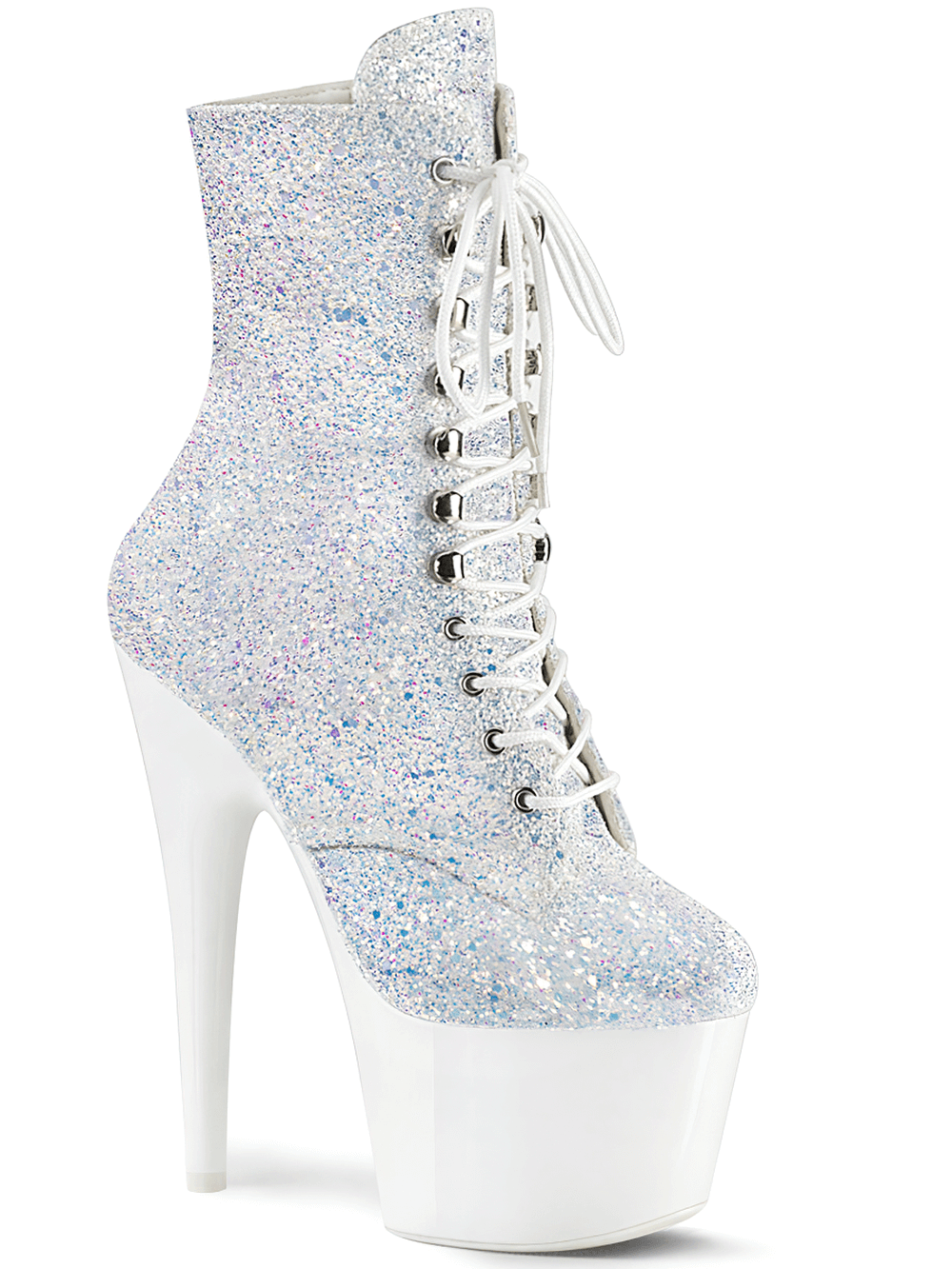 Sparkling holographic platform ankle boots with white lace-up design and towering heel for a dazzling look.
