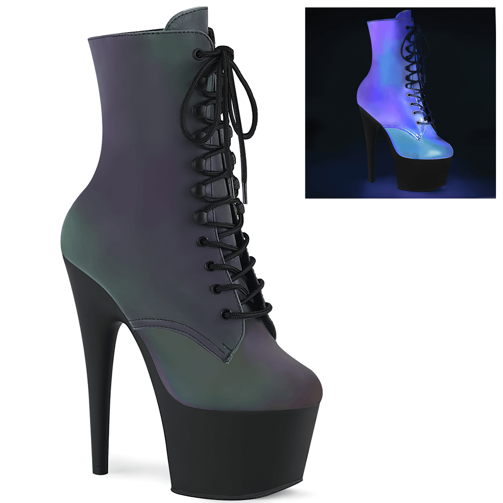 PLEASER Reflective Lace-Up Platform Boots with 7-Inch Heels