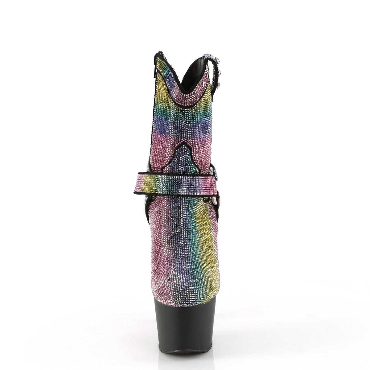 Stylish PLEASER Rainbow Rhinestone Cowgirl Ankle Boots with 7-inch heel and detachable O-ring bootstraps.