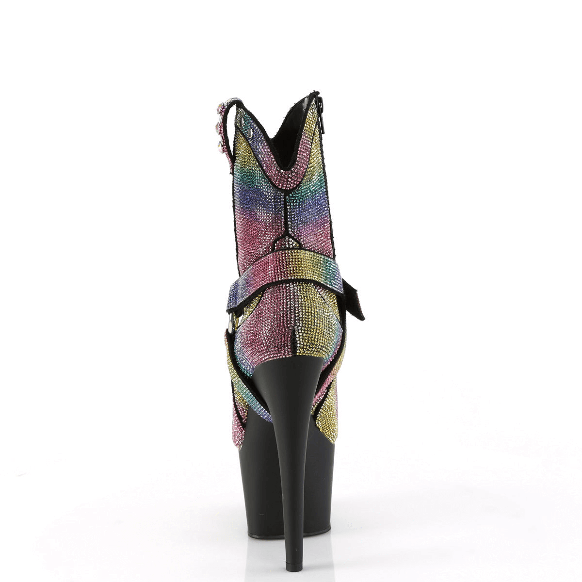 Back view of PLEASER Rhinestone Cowgirl Ankle Boots with 7-inch heels in multicolor sparkling design.