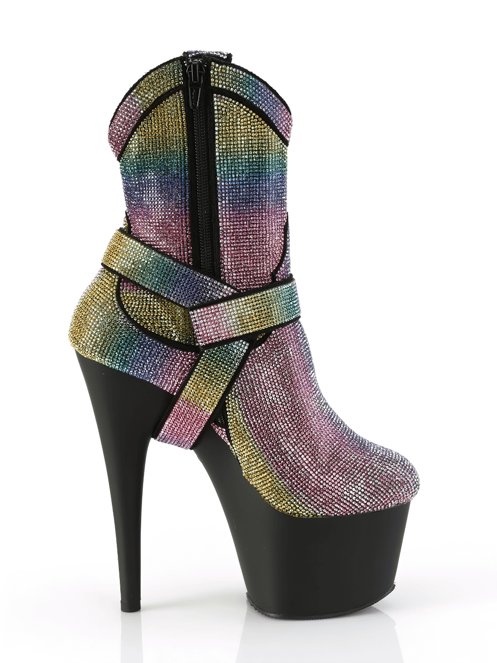 PLEASER multicolor rhinestone cowgirl ankle boots with 7-inch heels and 2 3/4-inch platform for a dazzling style.