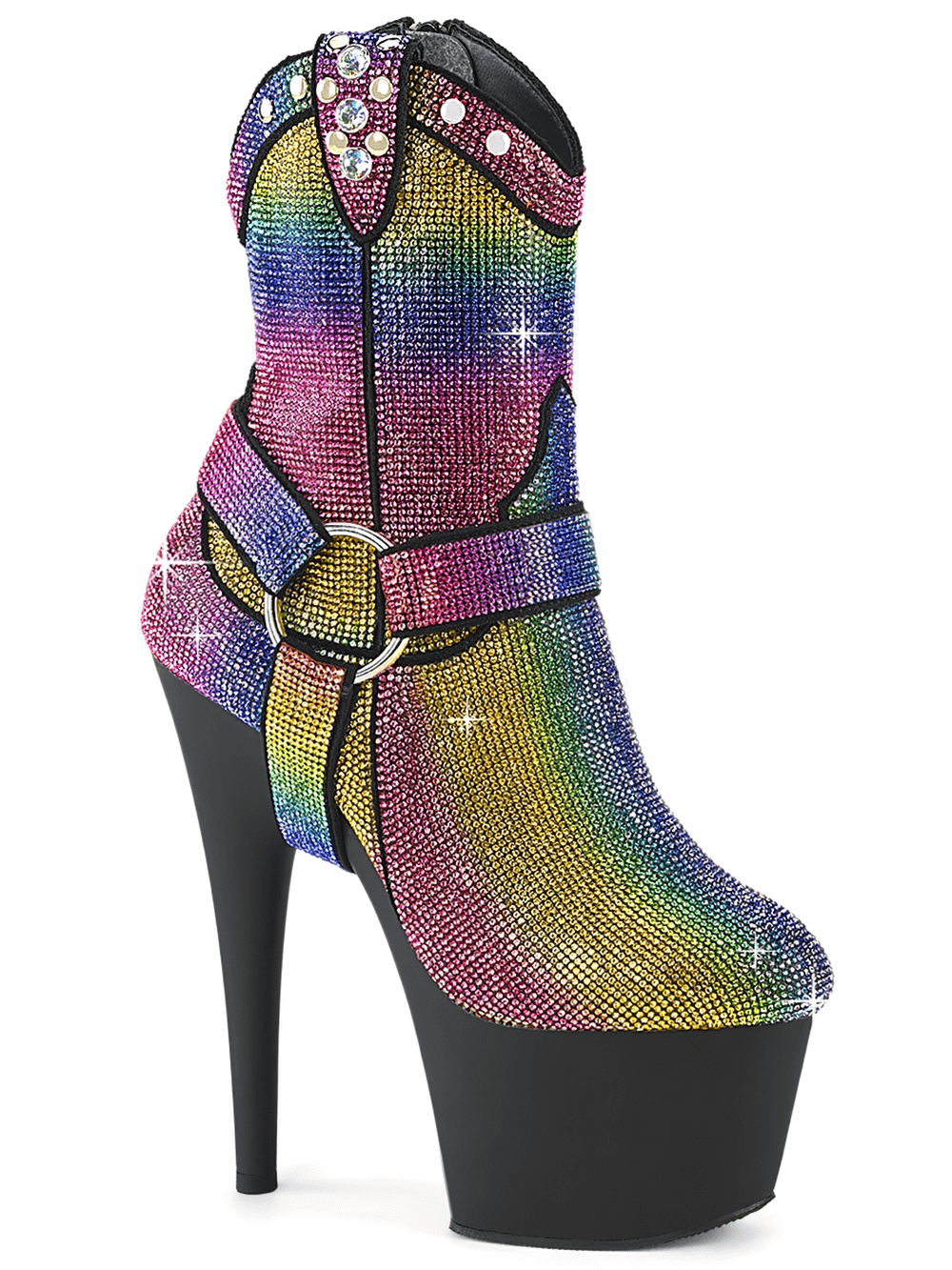 Multicolor rhinestone cowgirl ankle boots with 7-inch heels and detachable O-ring accent.