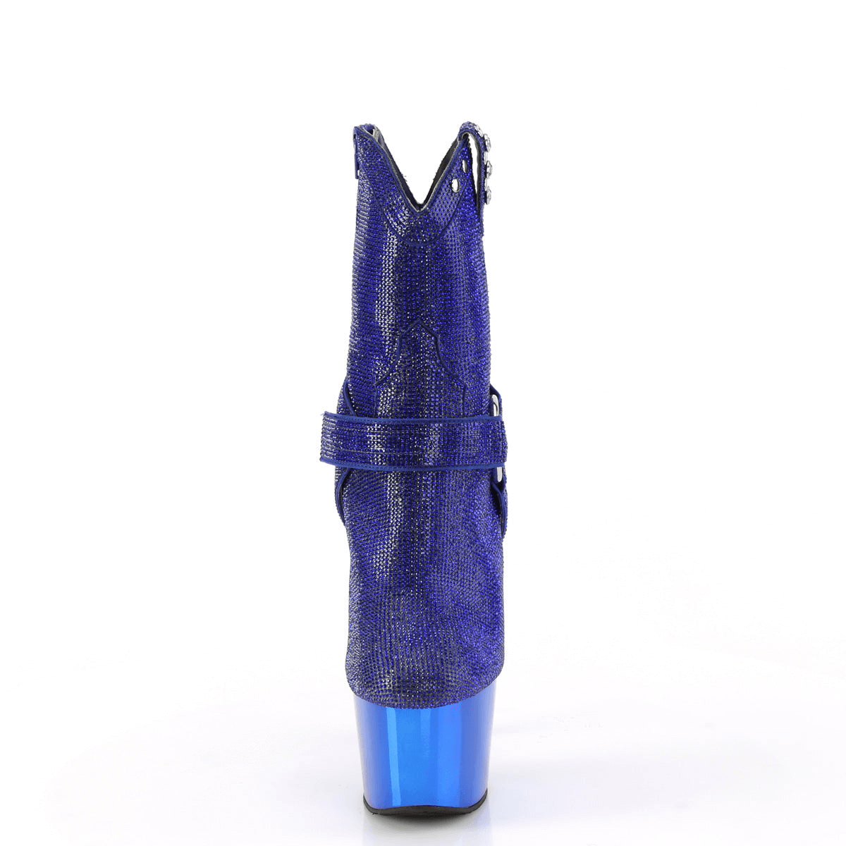 Back view of PLEASER Rhinestone Cowgirl Ankle Boots with chrome platform and O-ring straps for a stunning look.