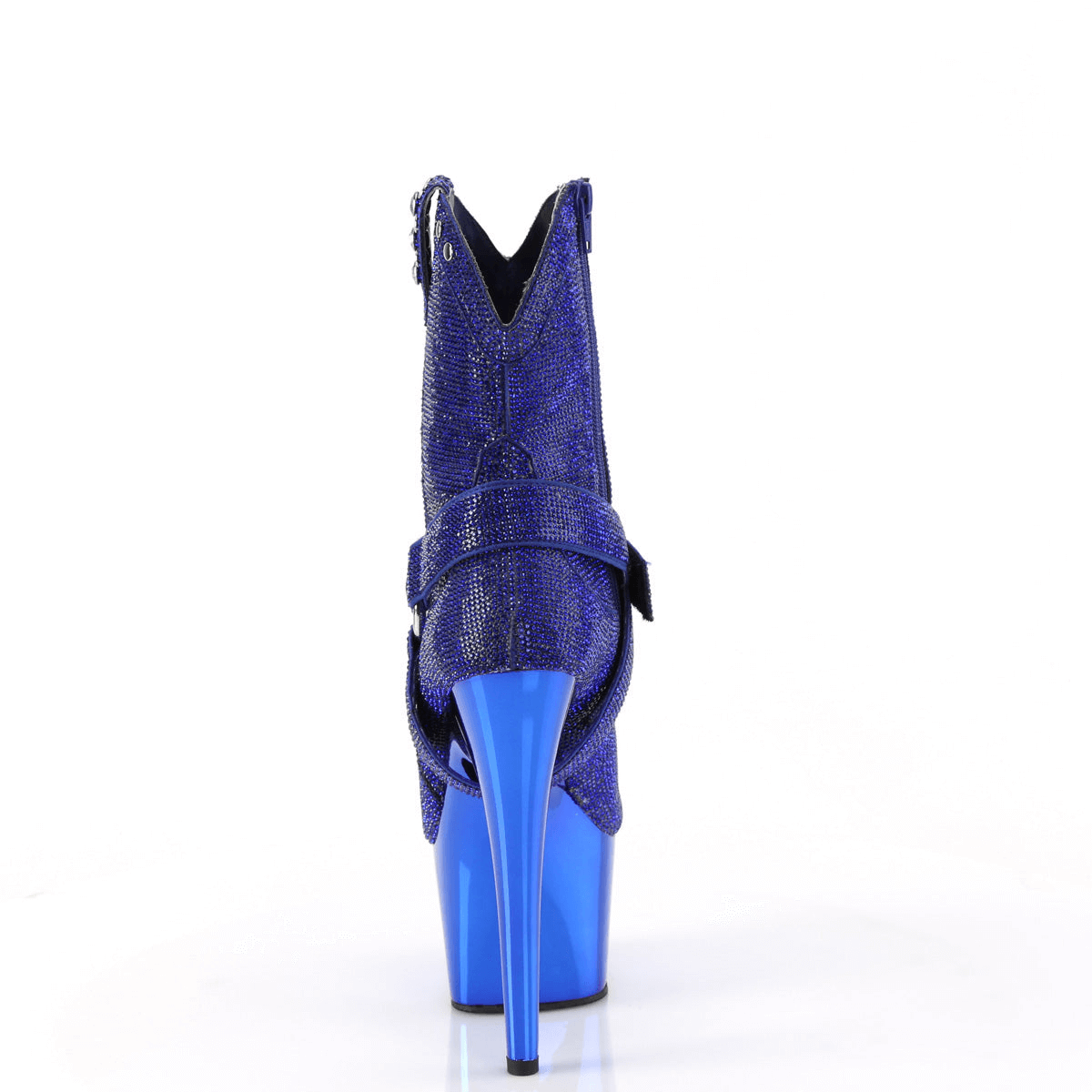 Back view of PLEASER Rhinestone Cowgirl Ankle Boots with chrome platform and O-ring straps.