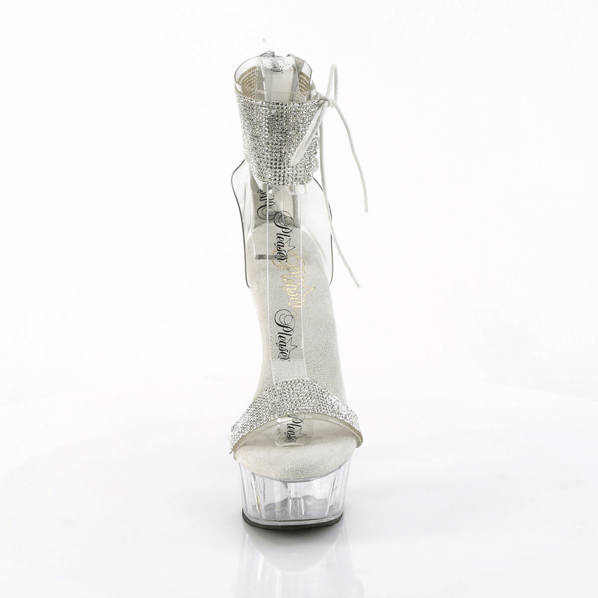 Glamorous silver ankle cuff sandals with rhinestone detail and clear platform heels, perfect for striking elegance.