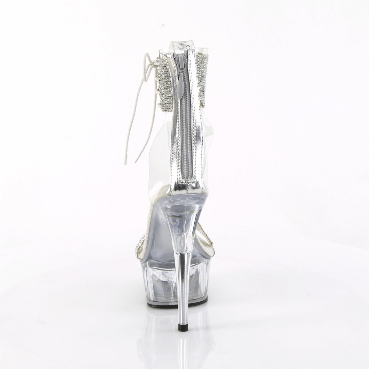 Back view of PLEASER Rhinestone Cuff Sandals with clear platform heels and stylish ankle cuff design.