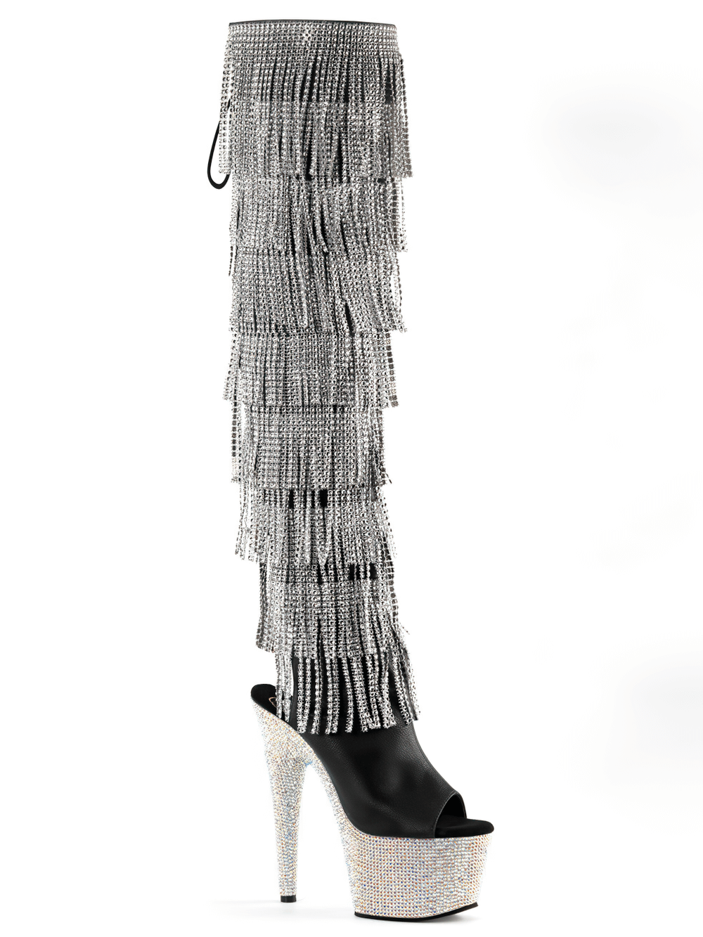 Sparkling Rhinestone Fringe Platform Thigh High Boots with open-toe design and chrome-plated heel, perfect for a glamorous look.