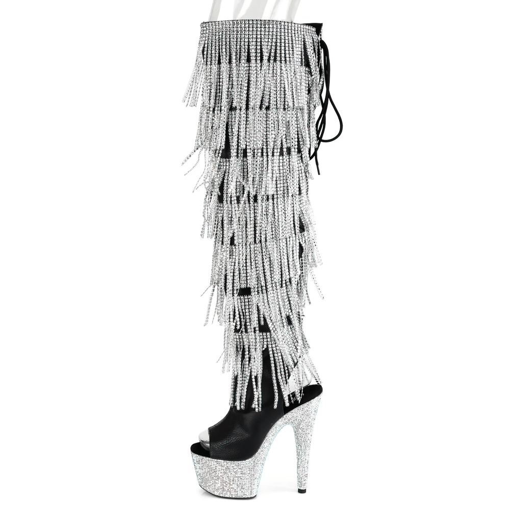 Shimmering PLEASER Rhinestone Fringe Thigh High Platform Boots with dazzling heel and fringe details.