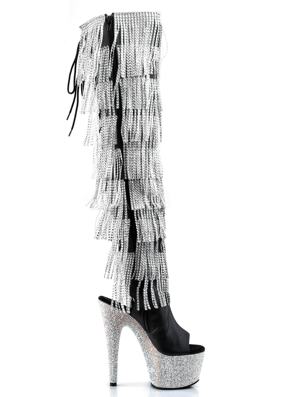 Sparkling Pleaser rhinestone fringe thigh-high platform boots with a dazzling heel and seductive open-toe design.