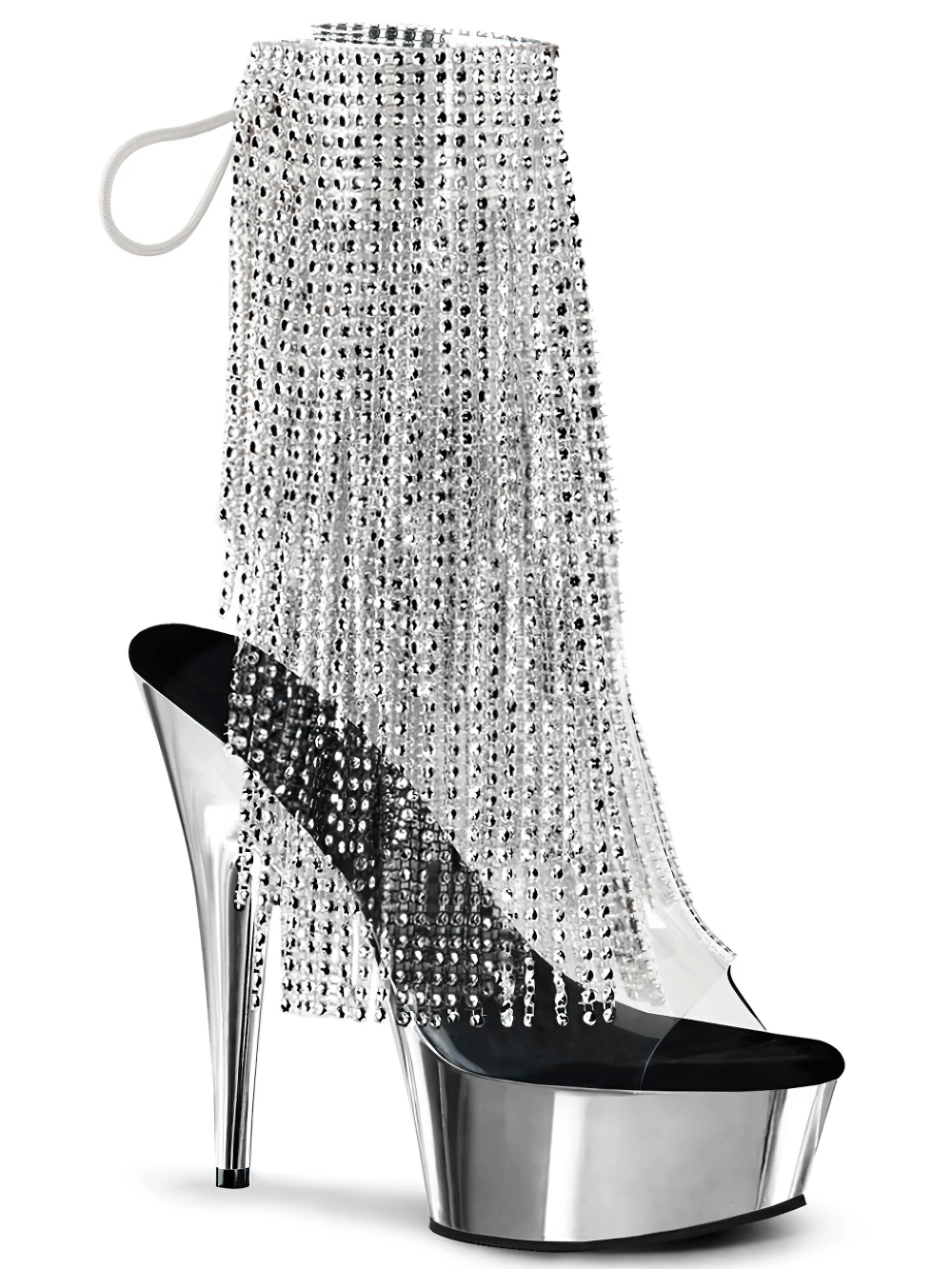 Chrome-plated rhinestone fringe stiletto ankle boots with 6-inch heel and lace-up design.