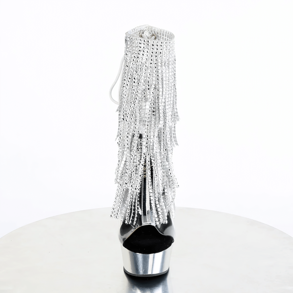 Chrome-plated fringe stiletto ankle boots with sparkling rhinestones and rear lace-up detailing.