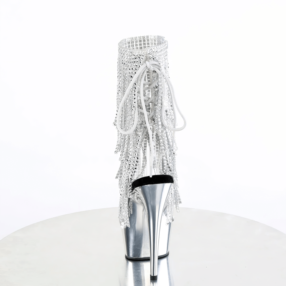 Shiny PLEASER Rhinestone Fringe Stiletto Heels Ankle Boots with lace-up detailing and 6-inch heel.