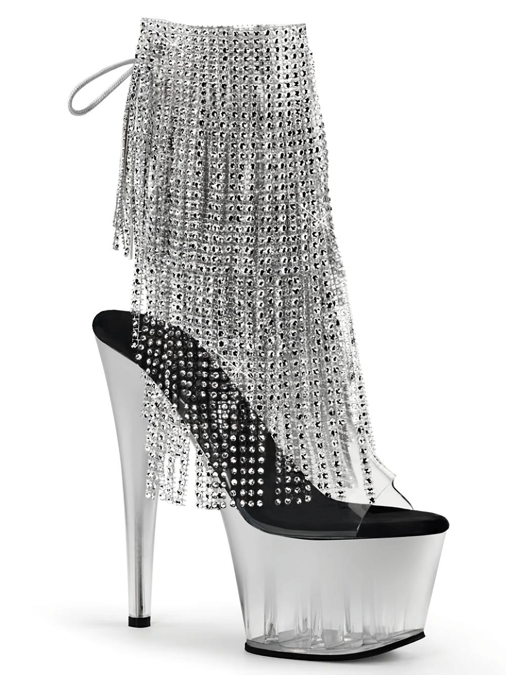 PLEASER Rhinestone Fringe Stiletto Heels with Clear Platform showcasing dazzling chrome-plated details.