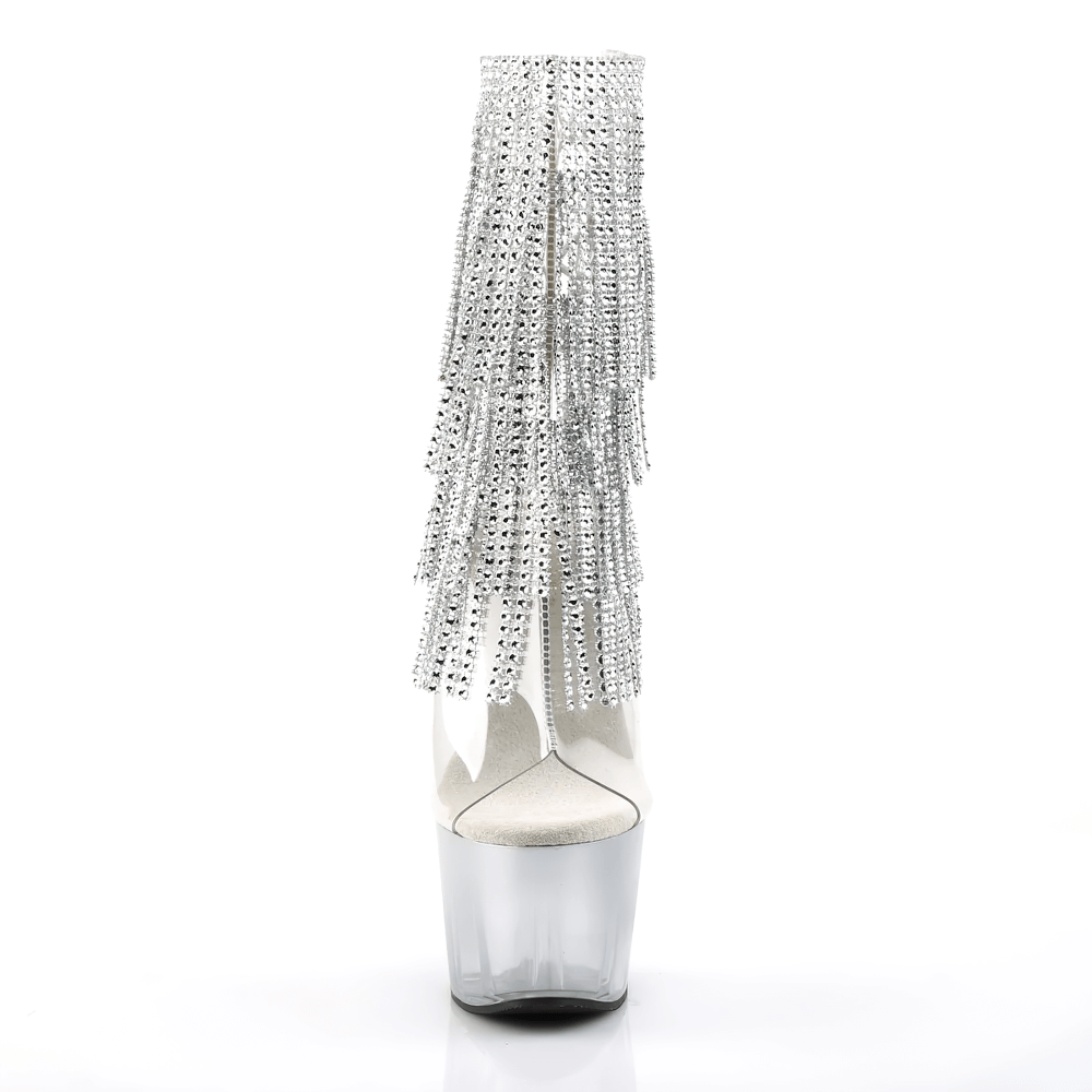 PLEASER Rhinestone Fringe Stiletto Heels showcasing silver fringe, clear platform, and striking ankle boot design.