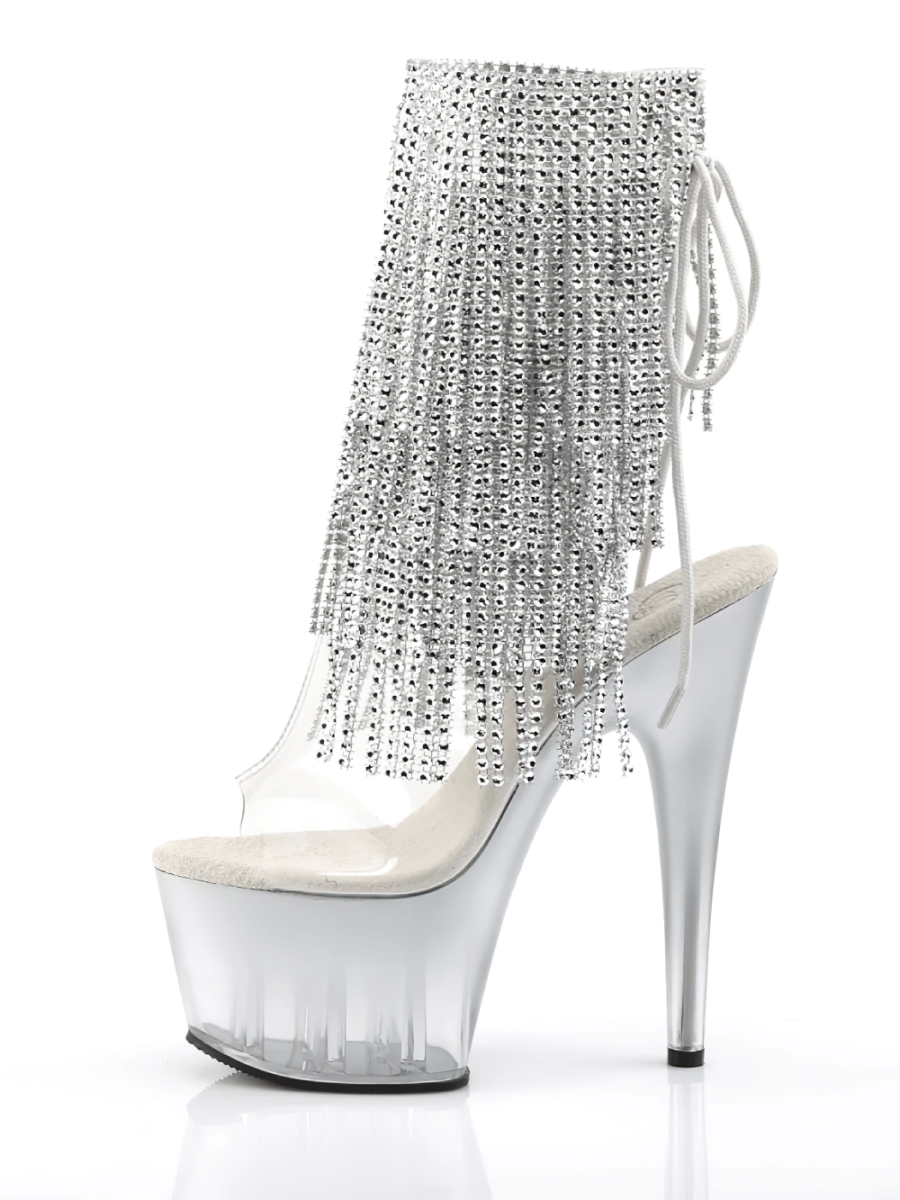 PLEASER rhinestone fringe stiletto heels with clear platform, featuring dazzling chrome details and stylish lace-up design.
