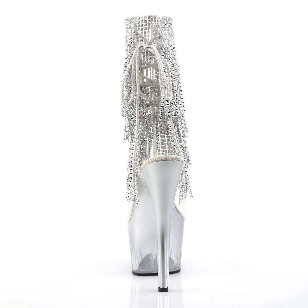 Back view of PLEASER Rhinestone Fringe Stiletto Heels with clear platform, showcasing lace-up detail and shimmering fringe.