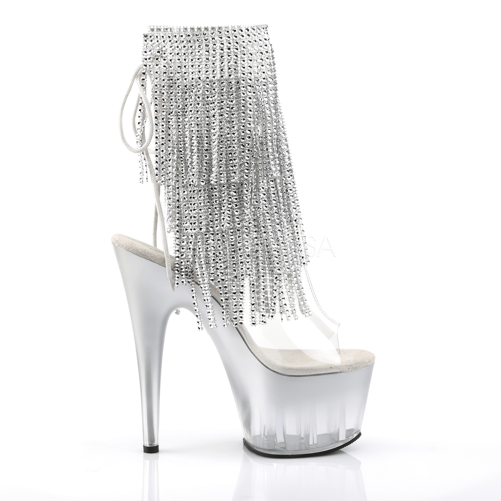 Glamorous PLEASER Rhinestone Fringe Stiletto Heels with Clear Platform, perfect for making a bold fashion statement.