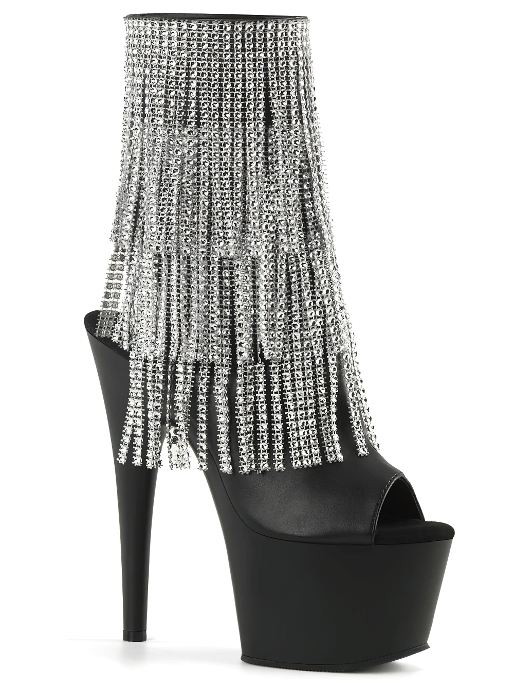 Shimmering silver fringe stiletto ankle boots with open toes and dazzling rhinestones.