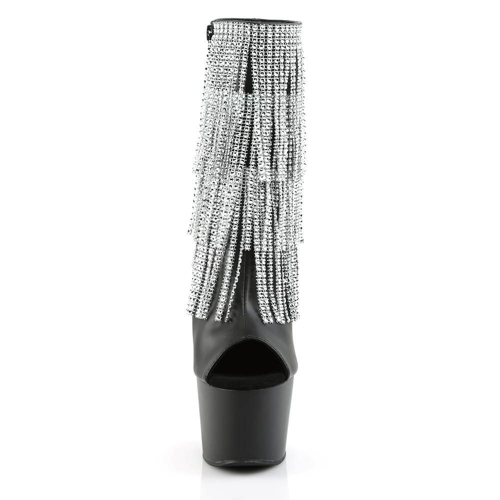 Shimmering silver fringe stiletto ankle boots with open toes and dazzling rhinestones, showcasing 7-inch heels.