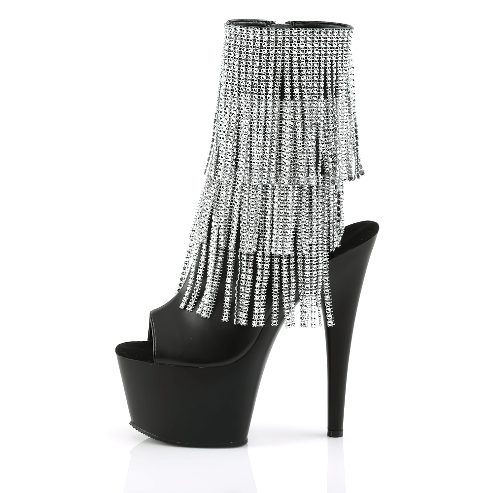 Shimmering silver fringe stiletto shoes with open toes and a striking 7-inch heel, perfect for making a bold fashion statement.
