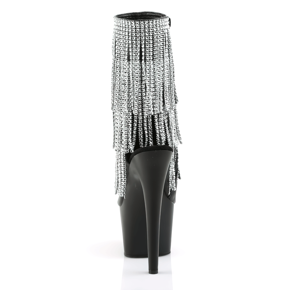 Back view of Pleaser Rhinestone Fringe Stiletto Shoes showcasing shimmering silver fringe and high heel design.