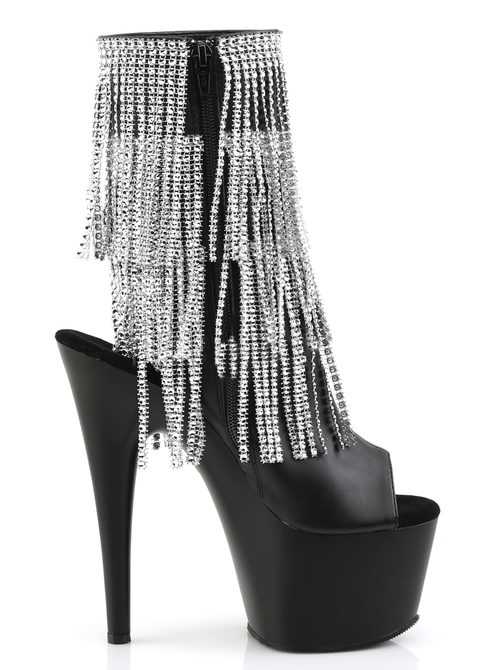 Shimmering silver fringe stiletto ankle boots with open toes and a high heel, perfect for stepping into the spotlight.