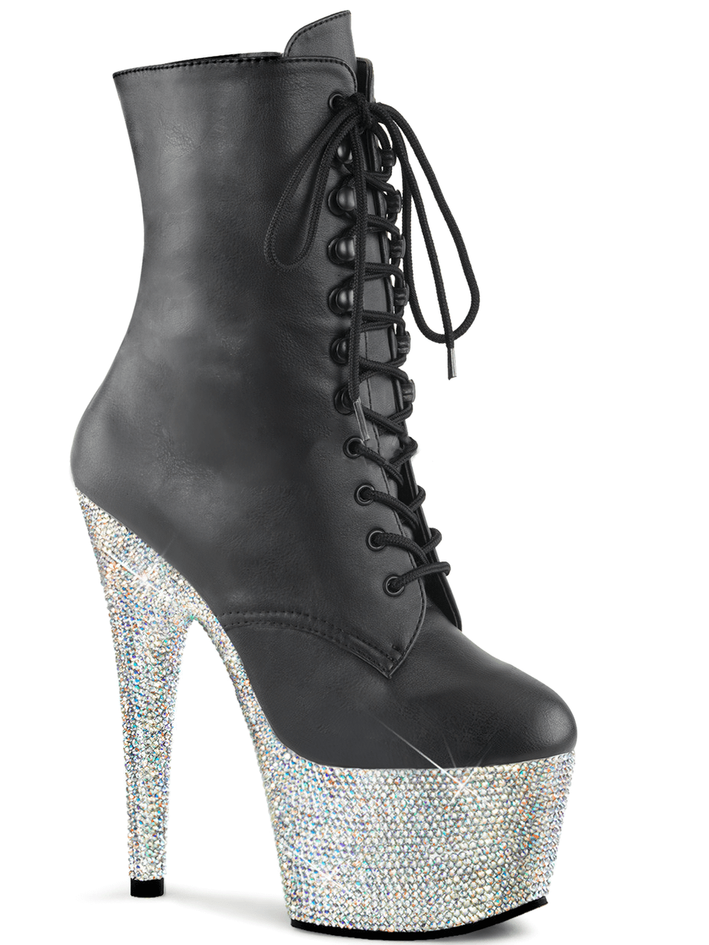 Black rhinestone high-heeled lace-up ankle boots with platform, perfect for glamorous nights out.