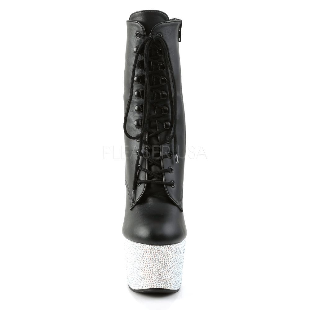 Black rhinestone high-heeled lace-up ankle boots with a bold platform for a dazzling and stylish look.