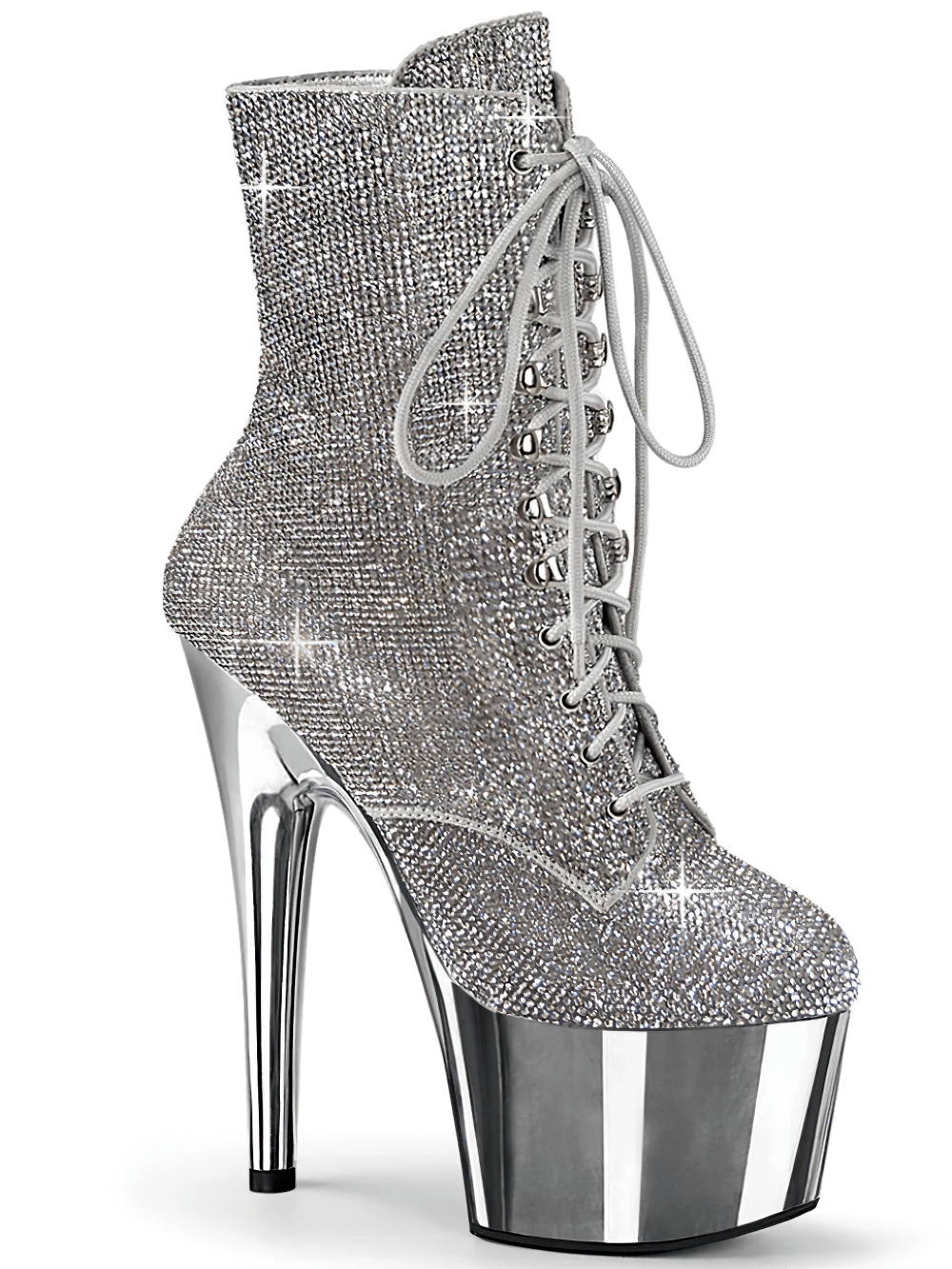 PLEASER Rhinestone Lace-Up Ankle Boots with Chrome Platform