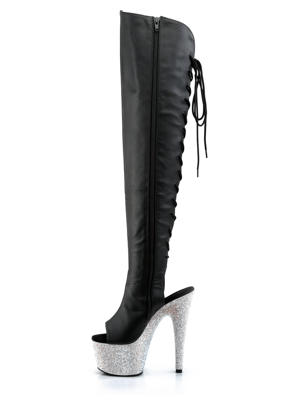 Black rhinestone platform open-toe thigh high boots with lace-up detailing and zipper.