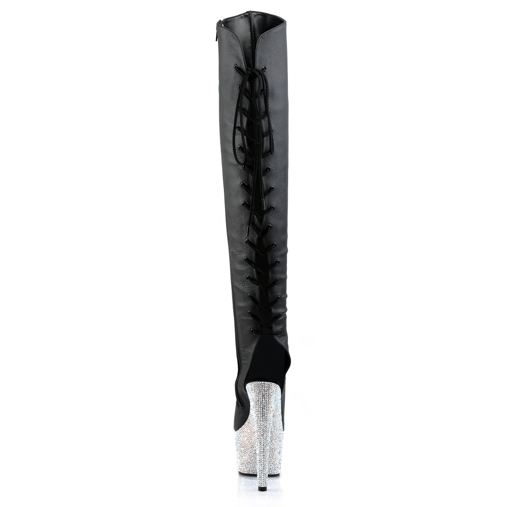 Sleek black thigh high boots with rhinestone platform and lace-up detail, perfect for making a bold fashion statement.