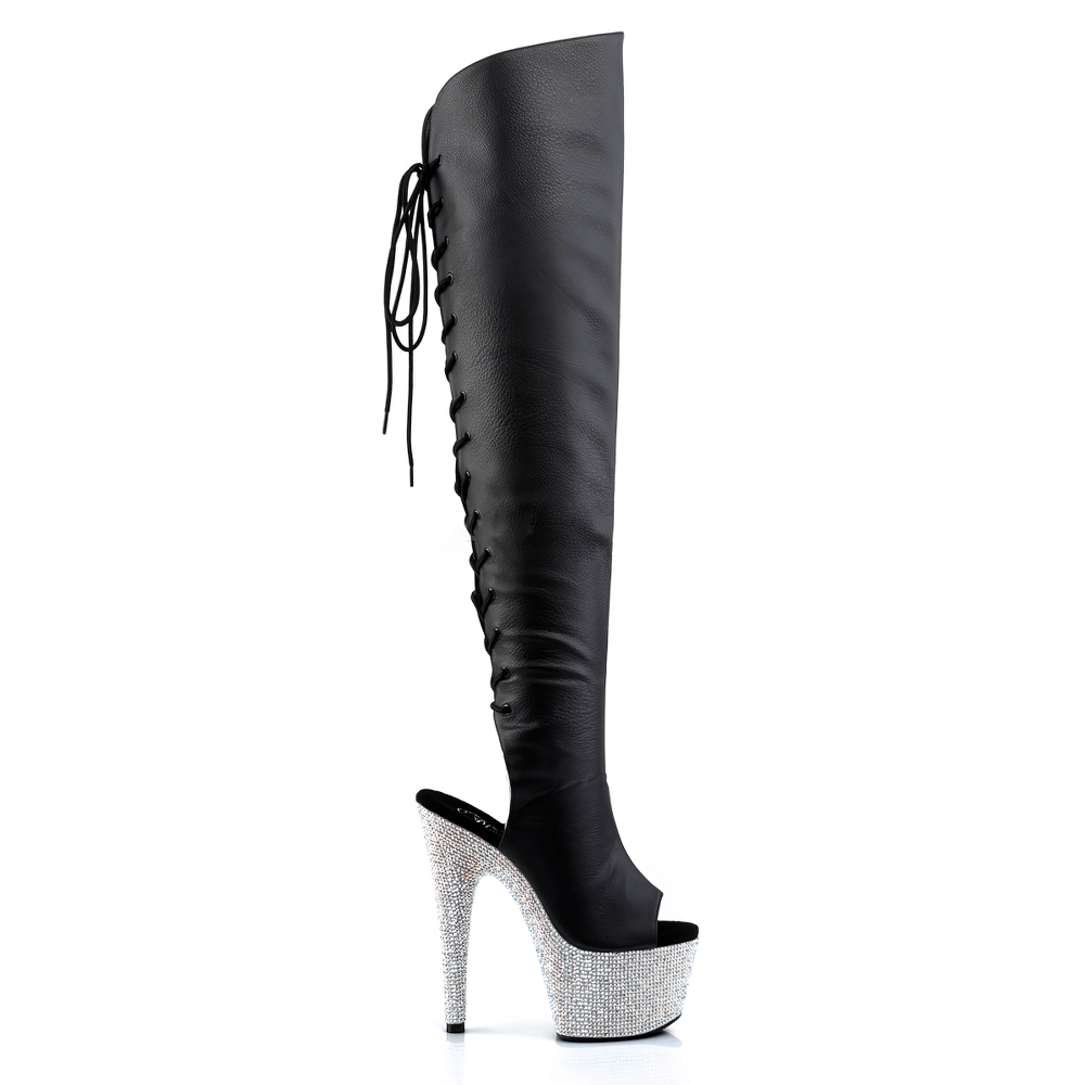 Glamorous black rhinestone platform open toe thigh high boots with lace-up detail and stunning 7-inch heel.