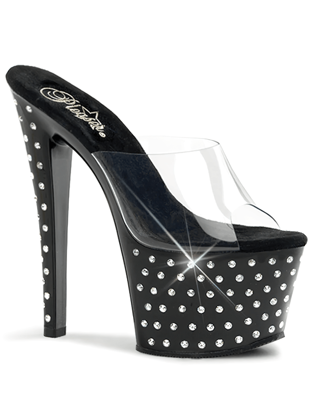 PLEASER rhinestone studded 7-inch slides with clear strap, perfect for a dazzling night out.