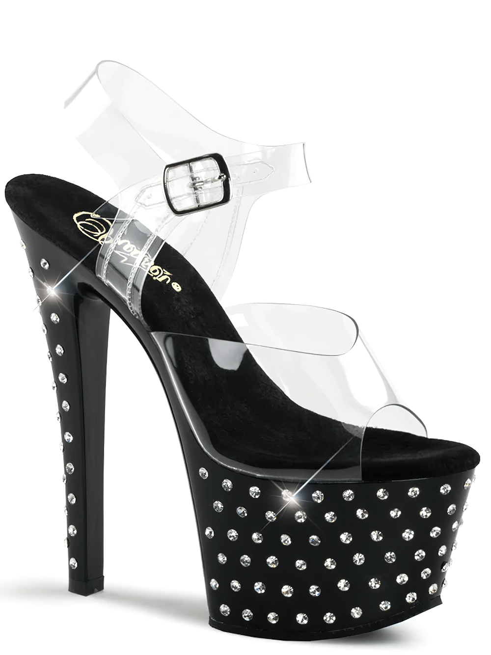 Black and clear rhinestone studded ankle strap platform sandals with a 7-inch heel and sparkling chrome accents.