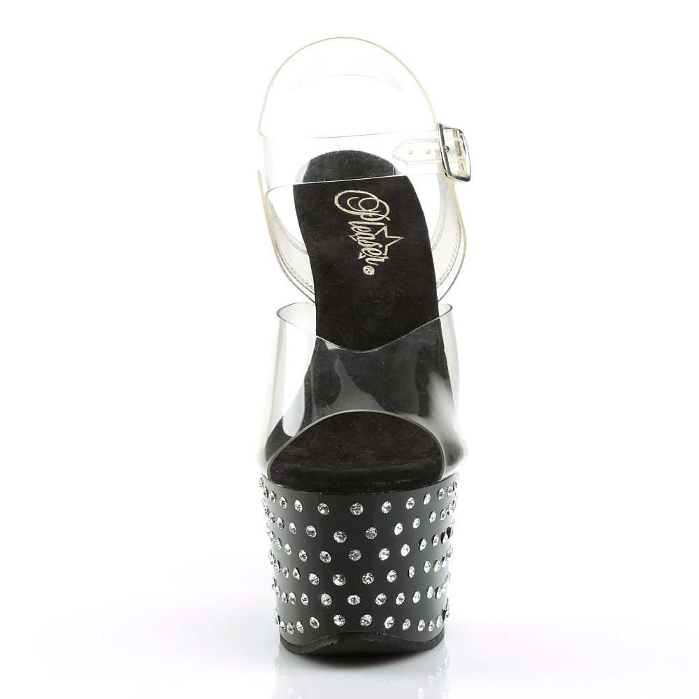 Black and clear rhinestone studded ankle strap platform sandals with chrome heels, showcasing modern elegance and sparkle.