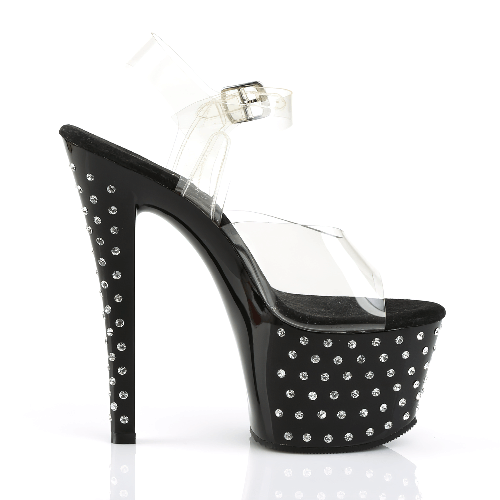 PLEASER rhinestone studded ankle strap platform sandals with clear strap and chrome heels.