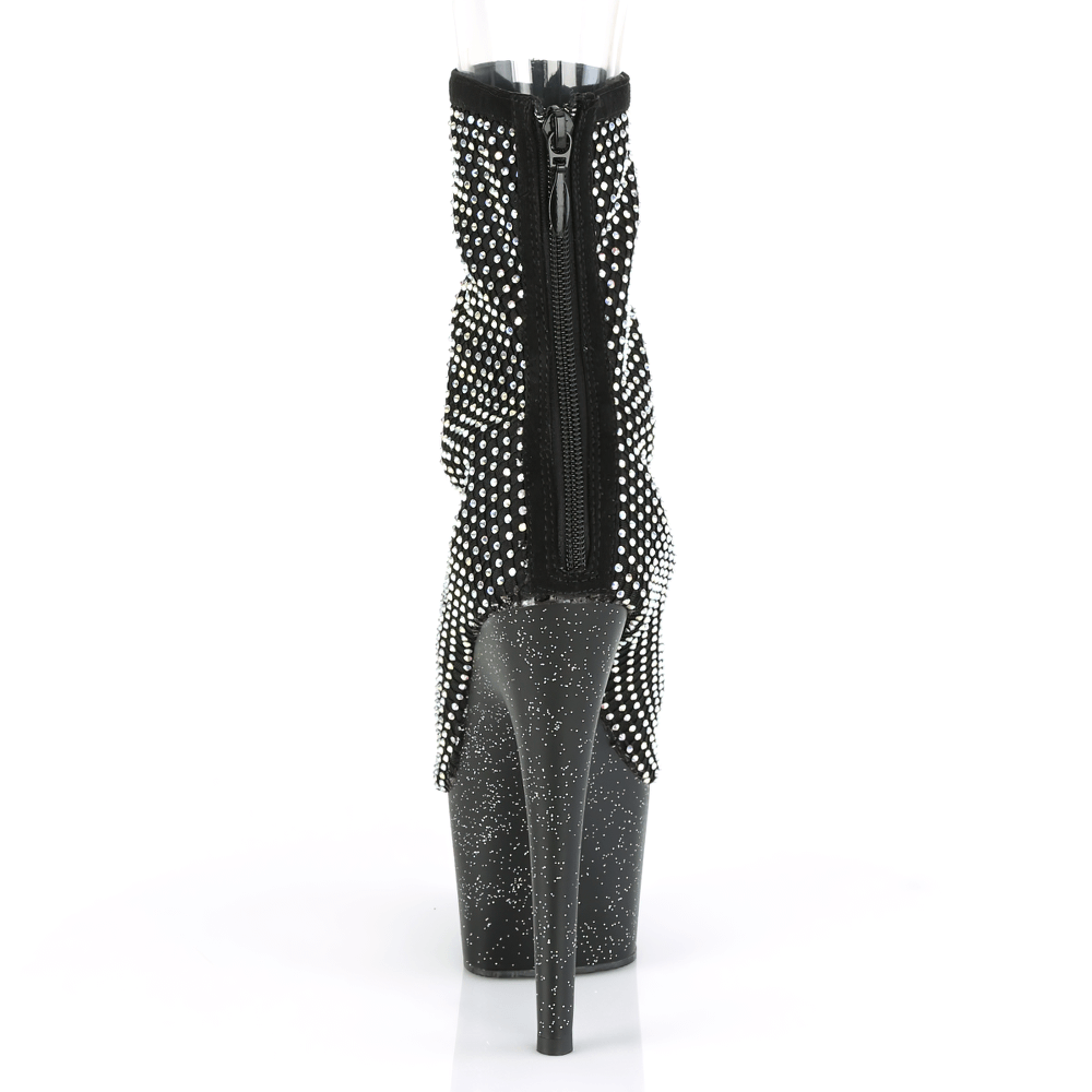 Back view of PLEASER rhinestone studded platform ankle boots with glitter, showcasing the zipper and elegant design.