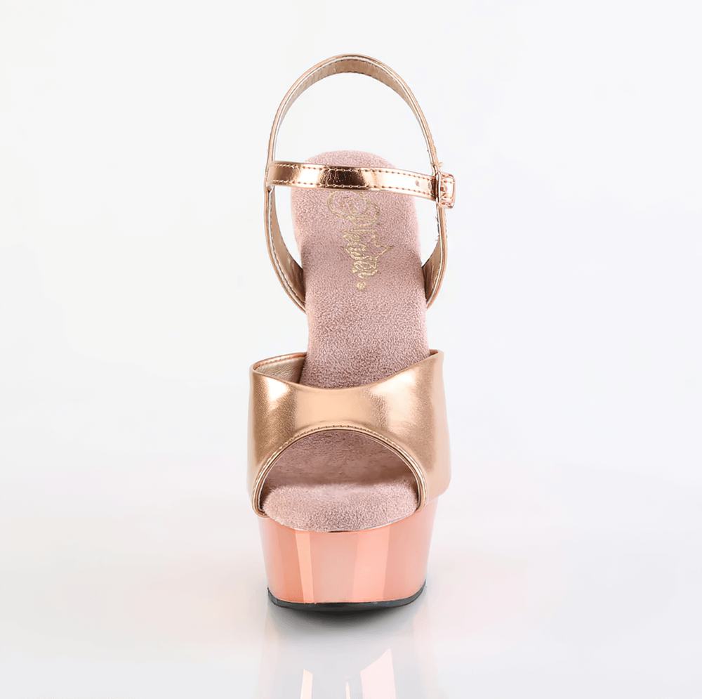 Rose gold stiletto sandals with ankle strap and peep toe design, featuring a stylish platform heel.