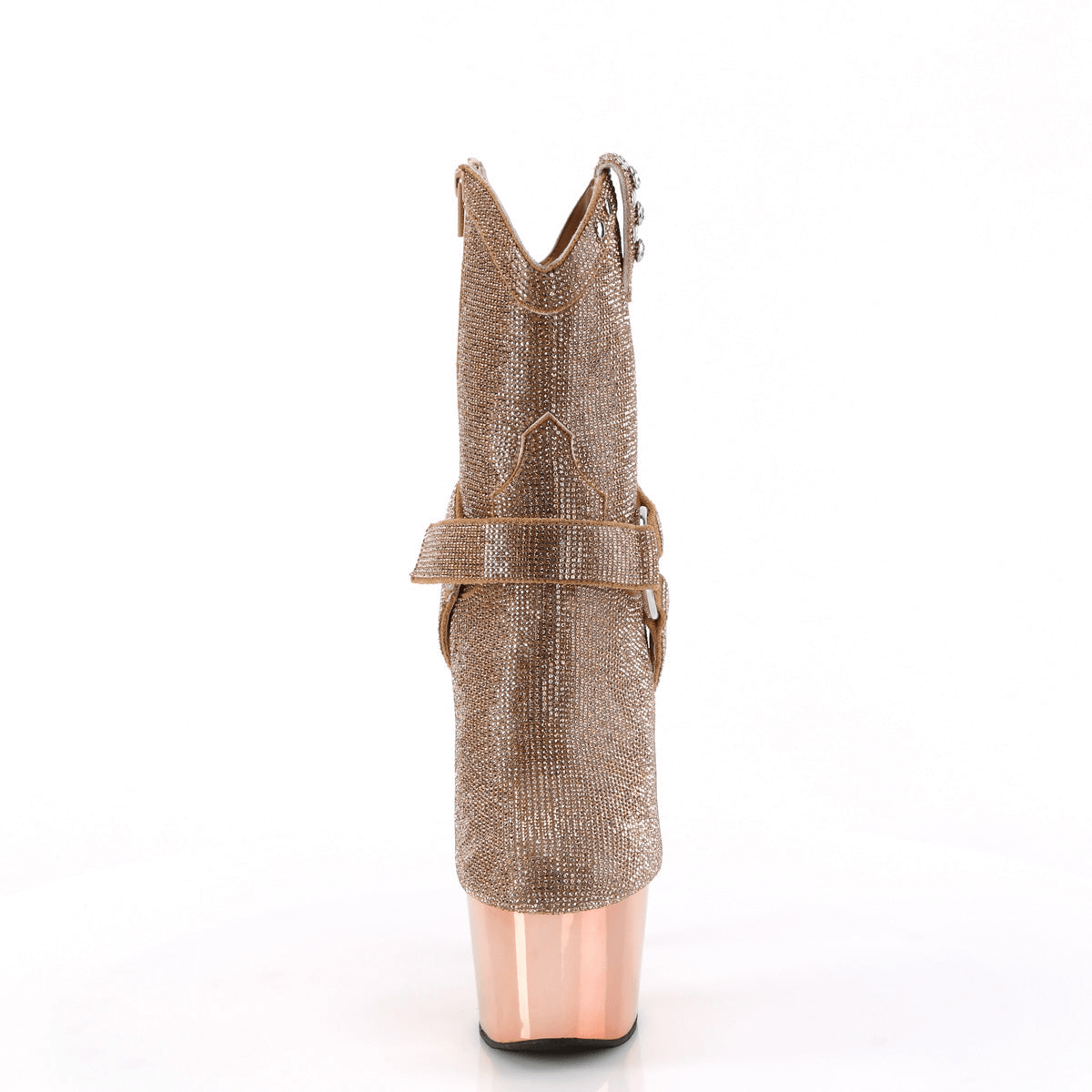 Back view of PLEASER rose gold rhinestone ankle boots with chrome heels and detachable straps.
