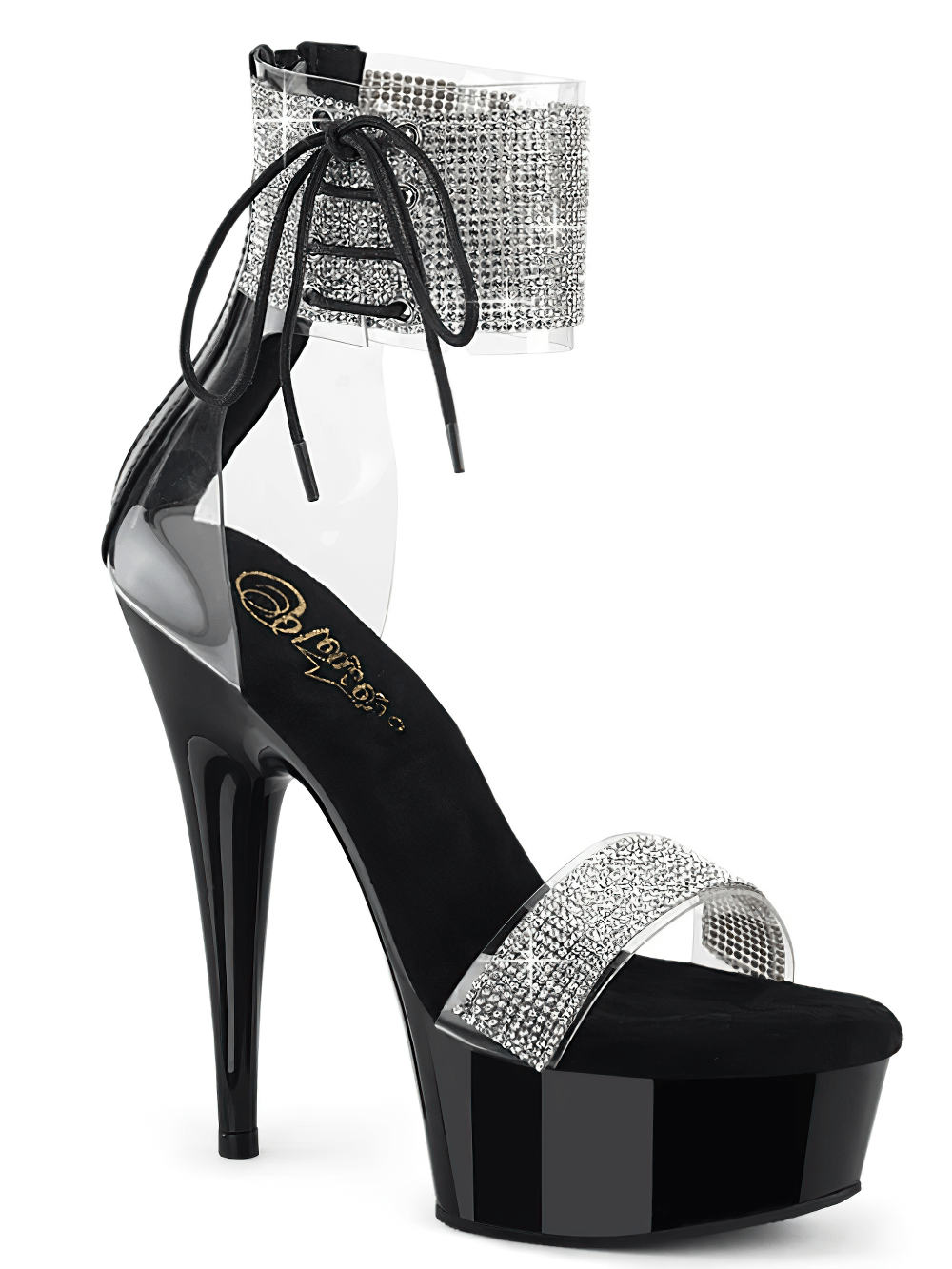 PLEASER stiletto sandals with rhinestone accents, ankle cuff, and lace-up detail for a glamorous lift.
