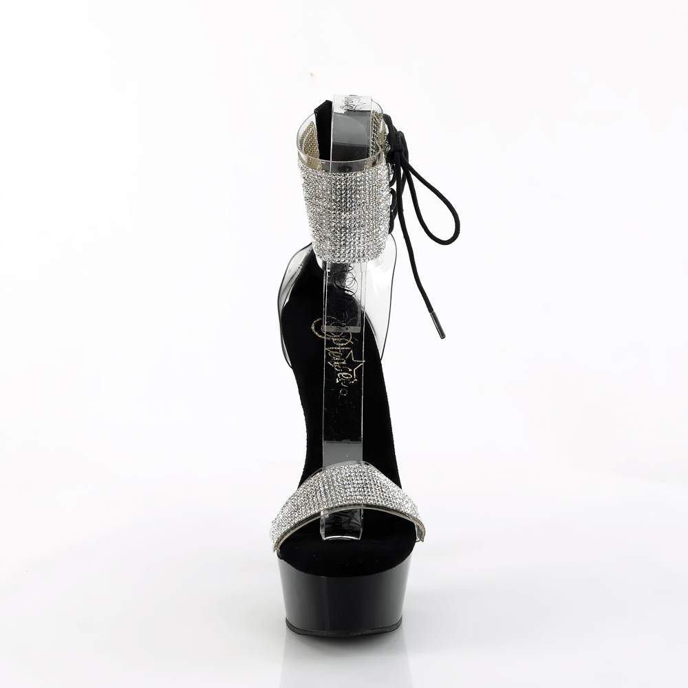 Elegant Pleaser sandals heels with glittering rhinestone ankle cuff and lace-up detail, showcasing a stunning stiletto design.