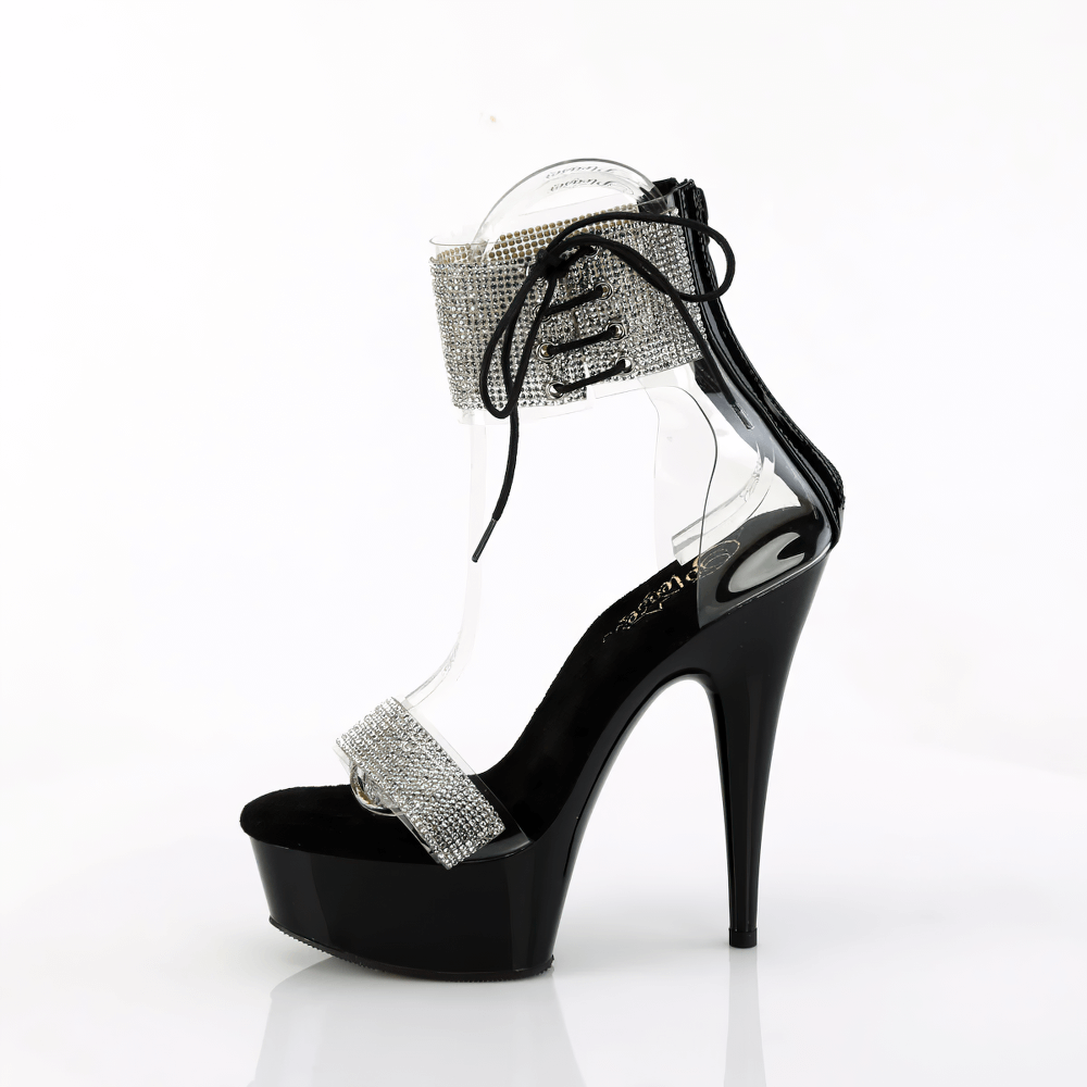 Sparkling PLEASER sandals with rhinestone accents, ankle cuff, and lace-up detail, featuring a sleek 6" stiletto heel.