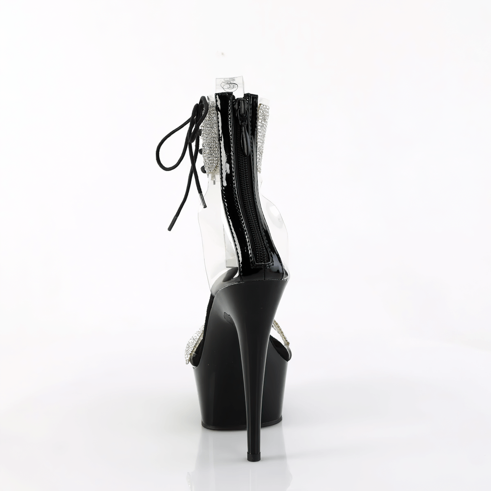 Back view of Pleaser sandals with rhinestones, lace-up detail, and a glossy stiletto heel.
