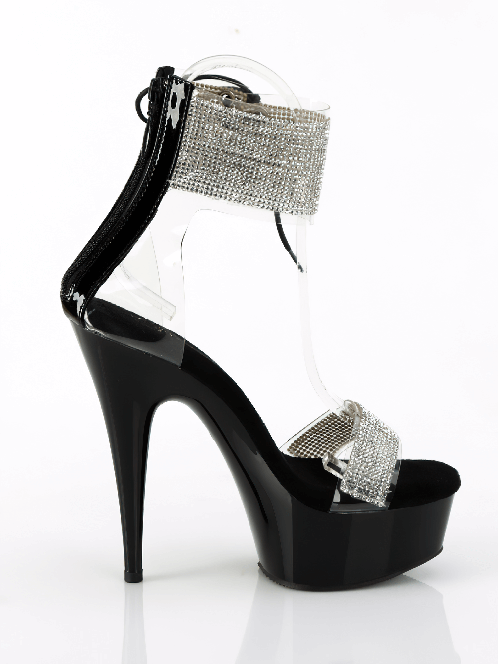 Sparkling black stiletto sandals with rhinestone accents and ankle cuff for a glamorous look.