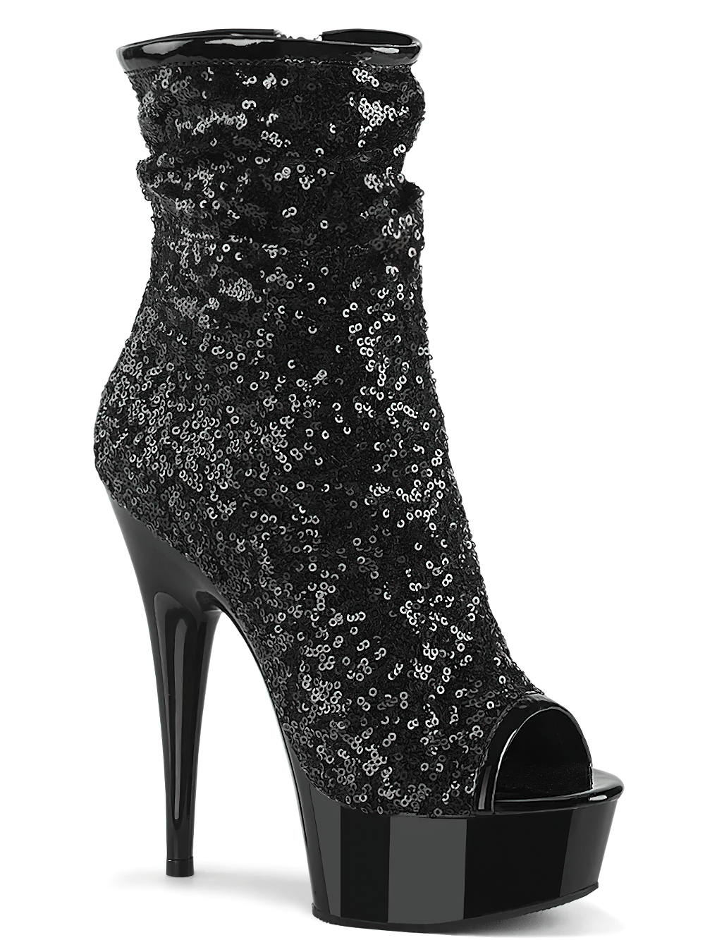 Stylish black sequined peep toe ankle boots with 6-inch heel and platform for women, perfect for a glamorous night out.