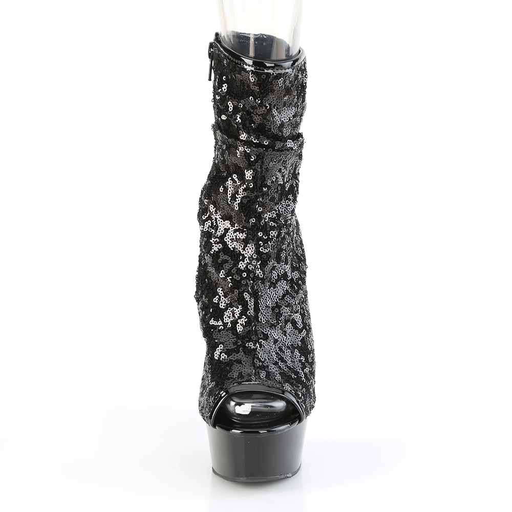 Sparkling black sequined peep toe ankle boots with a high heel and platform, perfect for glamorous nights out.