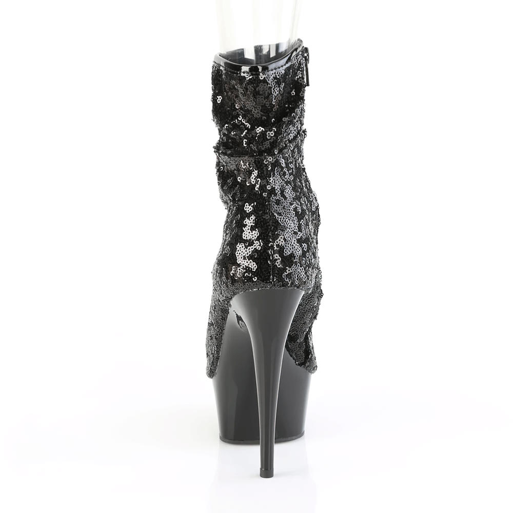 Back view of PLEASER sequined peep toe ankle boots with 6-inch heels and ruched design, perfect for glamorous nights out.