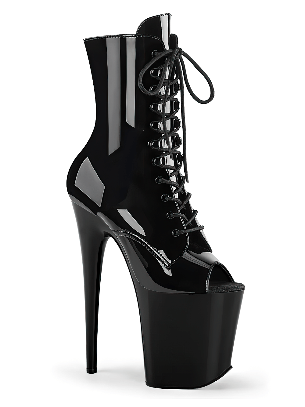 Stylish black lace-up stiletto ankle boots with peep-toe and 8-inch heels, perfect for bold fashion statements.