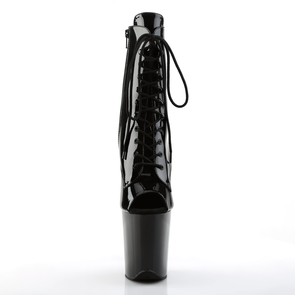 PLEASER sexy black stiletto peep-toe platform lace-up ankle boots with side zip, 8-inch heel, and bold design.